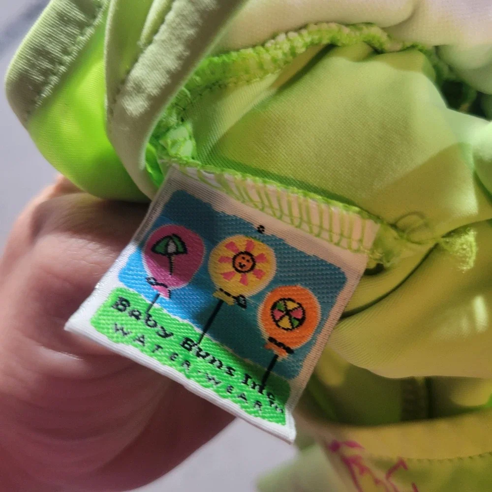 Baby Buns Swim Dress Girls Lime Green‎ Flamingo Print Ruffle Trim Tropical